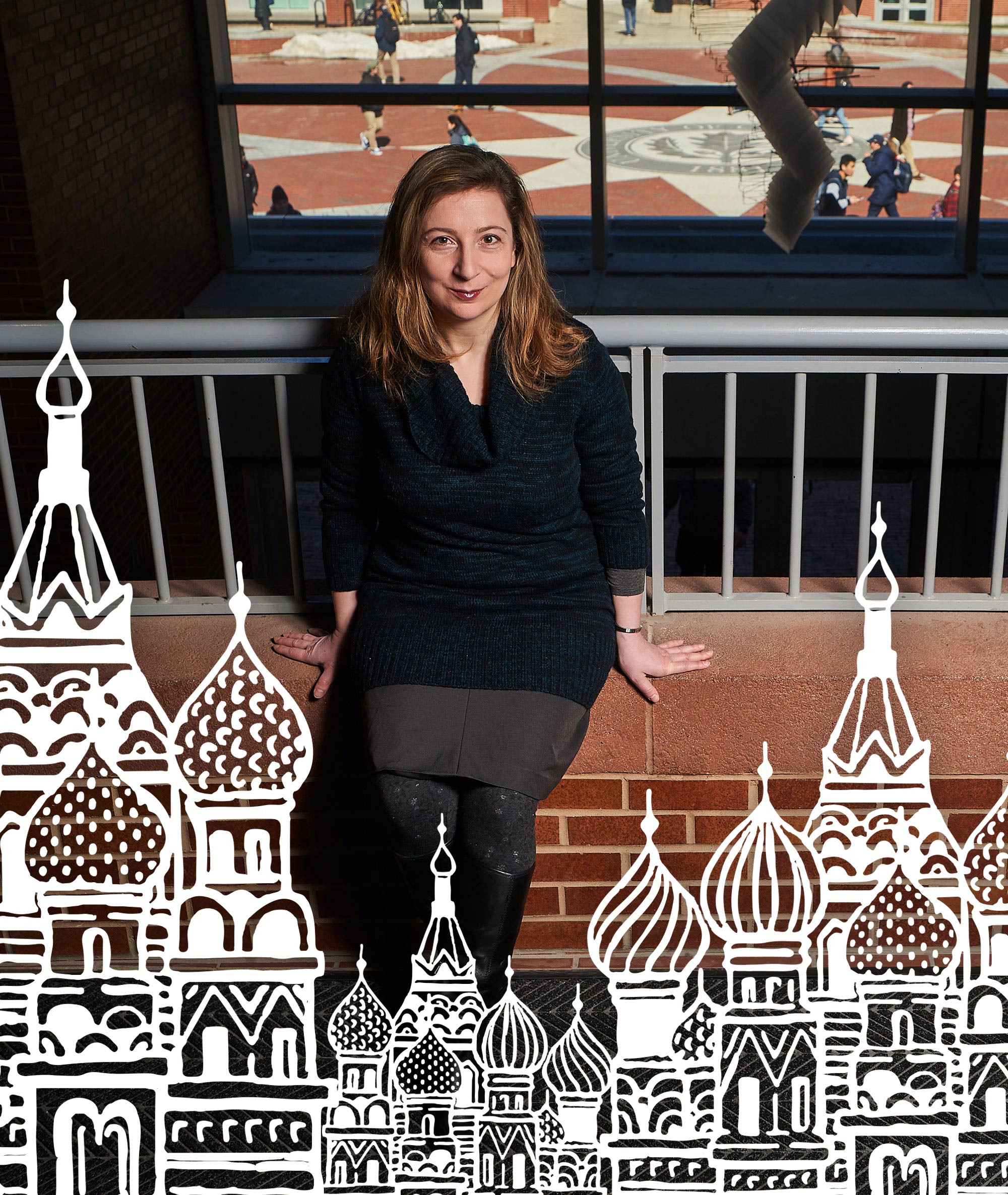 Associate professor and acclaimed novelist Ellen Litman with Illustration of Russian Architecture in a Papercut style