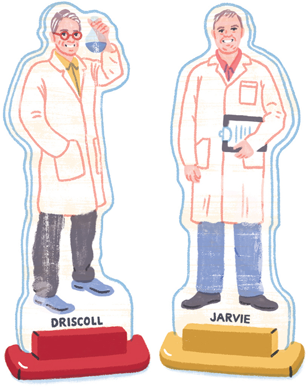 Game board pieces of biochemist, Mark Driscoll, and business partner, Thomas Jarvie. Illustrations by Katie Carey