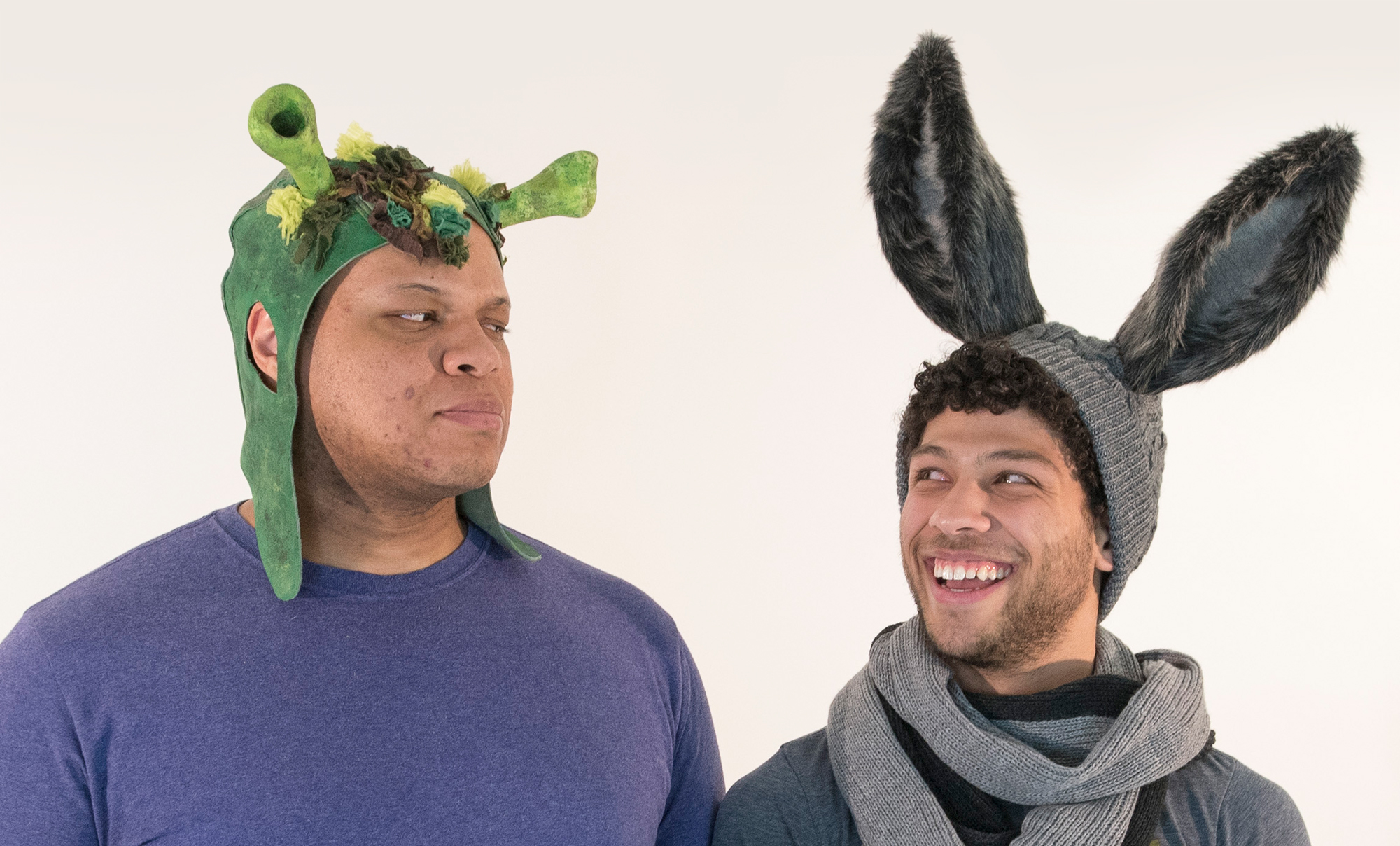 During costume tests for CRT’s “Shrek the Musical,” which ran in April, Broadway’s Will Mann is fitted for his Shrek ears with Donkey aka Scott Redmond ’17 (SFA).