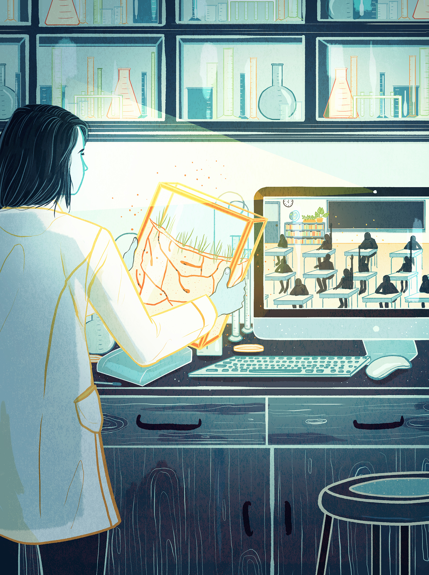 illustration of a scientist viewing a computer via skype