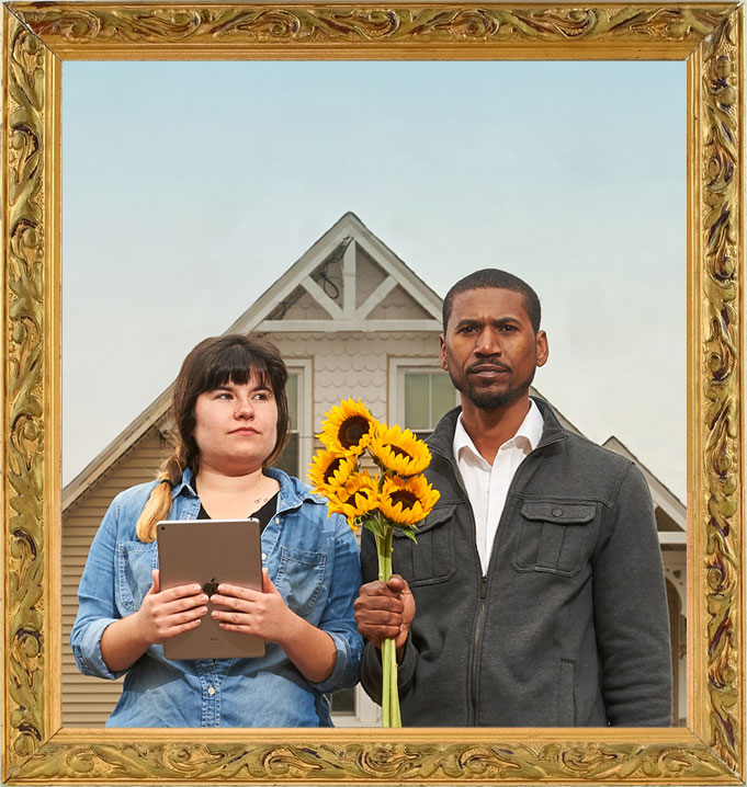 Agriculture students Marisa Kaplita and Macario Rodrigues pose "American Gothic" style at UConn's Spring Valley Farm.