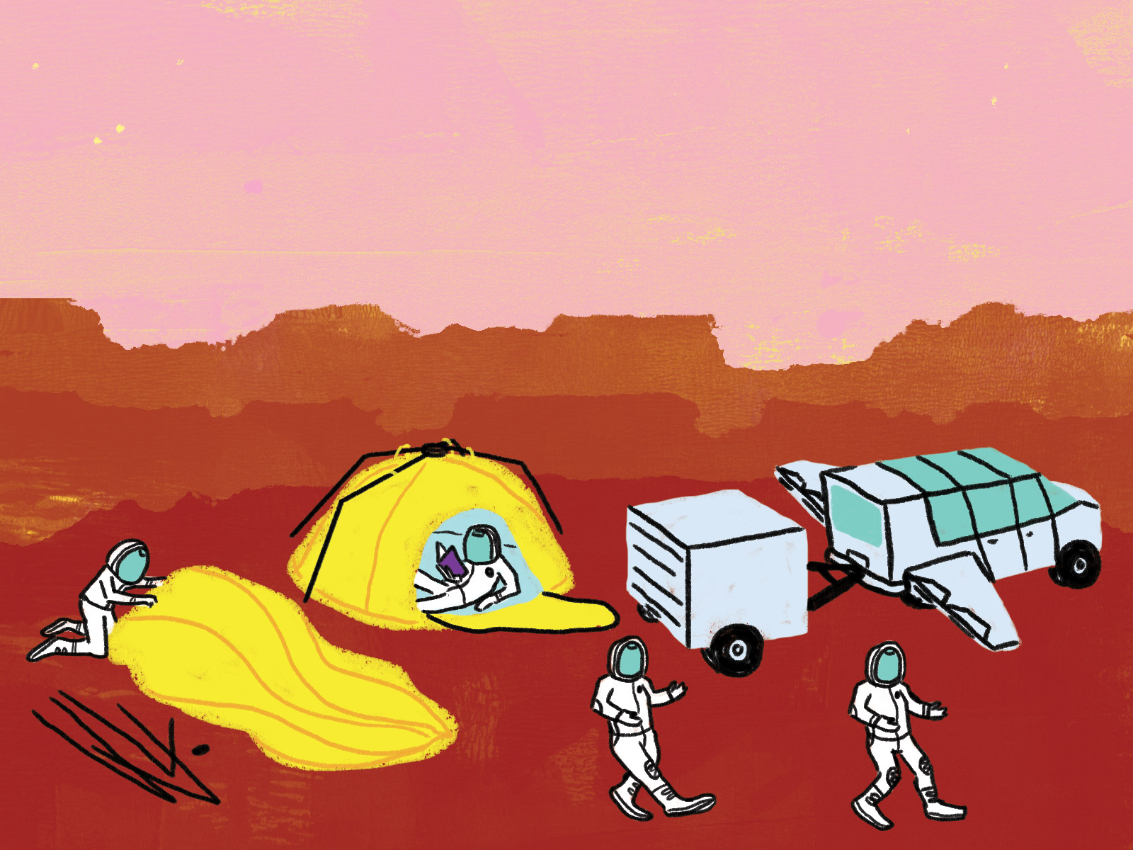 illustration of astronauts camping on the surface of mars
