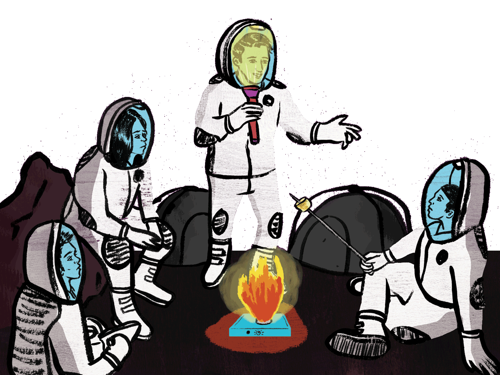 Illustration of astronauts around the fire with white background from Mission to Mars