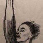 Pastel drawing of man with open mouth raising arm