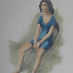 Drawing of dancer in blue sitting in chair
