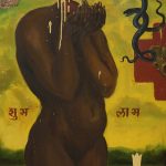 Painting of headless nude woman with snakes