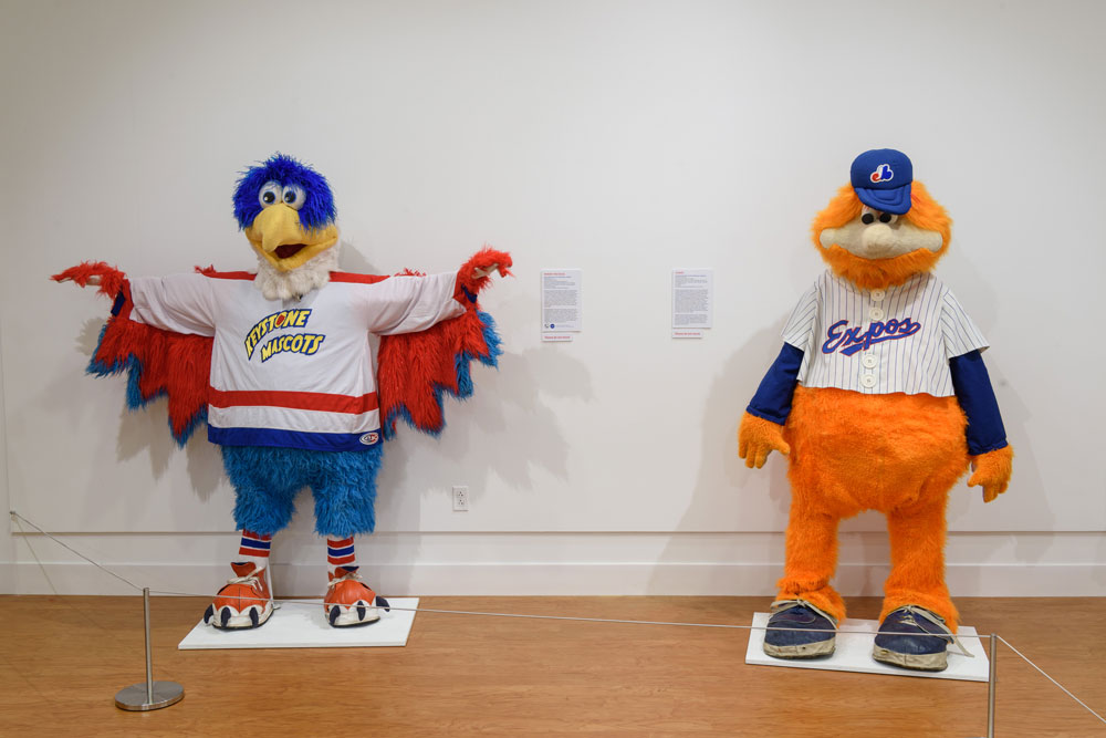 Winger the Eagle, left, the alumni mascot of the Washington Capitols , and Youppi! the mascot of the Montreal Expos and Montreal Canadiens on display at "Mascots! Mask Performance in the 21st Century" at the Ballard Institute and Museum of Puppetry