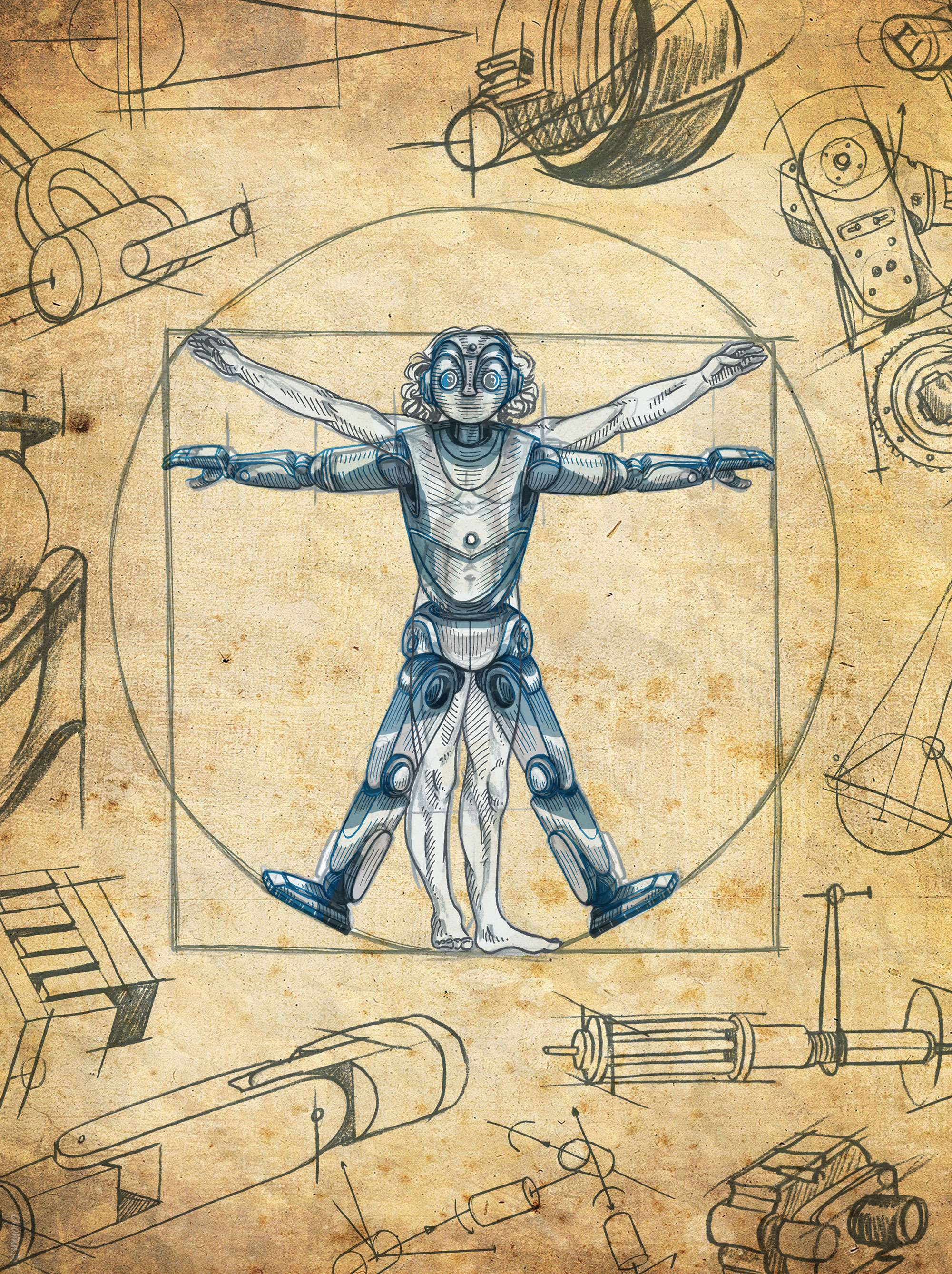 illustration of a robot in daVinci's Vitruvian Man