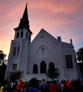 White church in a sunset background