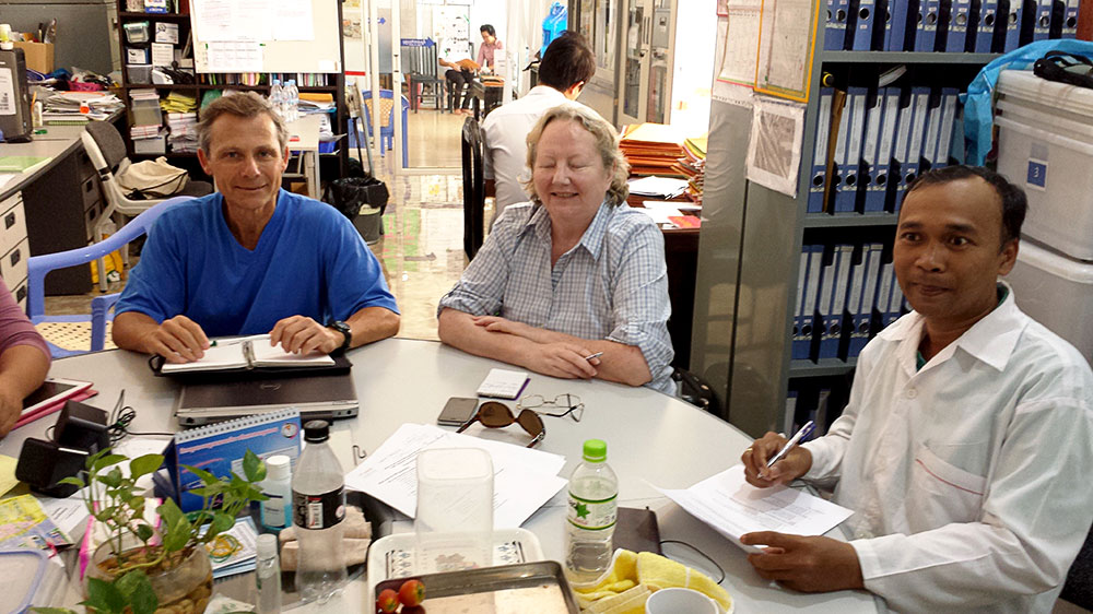 pharmacy professor Thomas Buckley, research project coordinator Lorraine Fraser-King, and mobile clinic medical director Dr. Yann Doeurn at the Cambodian Diabetes Association clinic.