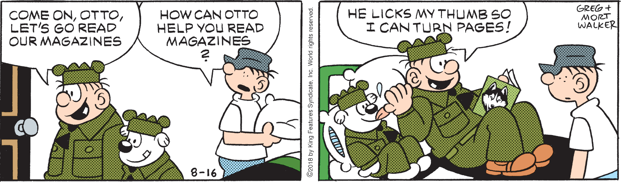 a 2 panel comic strip featuring Beetle Bailey reading the UConn Magazine