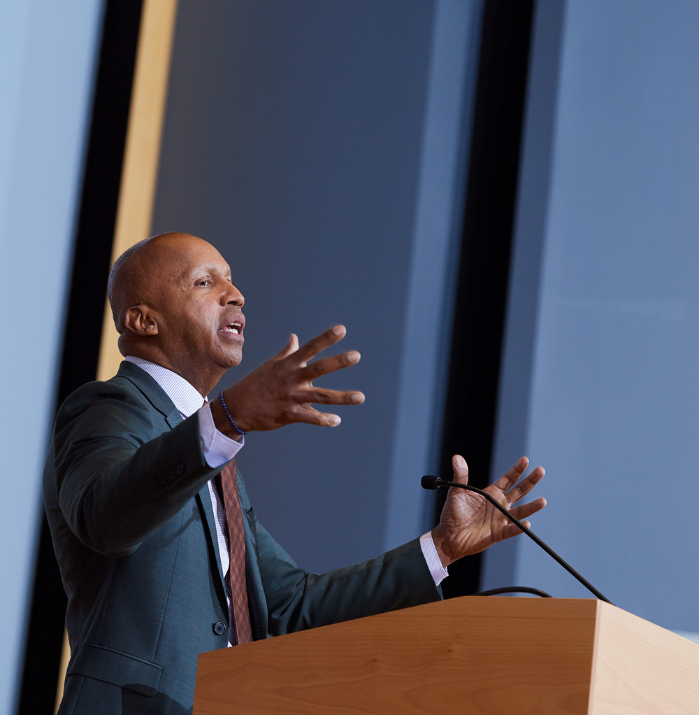 Bryan Stevenson, founder of the Equal Justice Initiative, the recipient of the 2019 Thomas J. Dodd Prize, speaks at Starr Hall at UConn Law School in Hartford on Nov. 7, 2019.