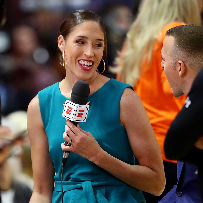 UNCASVILLE, CONNECTICUT - OCTOBER 08: Rebecca Lobo on camera for ESPN before Game Four of the 2019 WNBA Finals between the Washington Mystics and Connecticut Sun at Mohegan Sun Arena on October 08, 2019 in Uncasville, Connecticut.