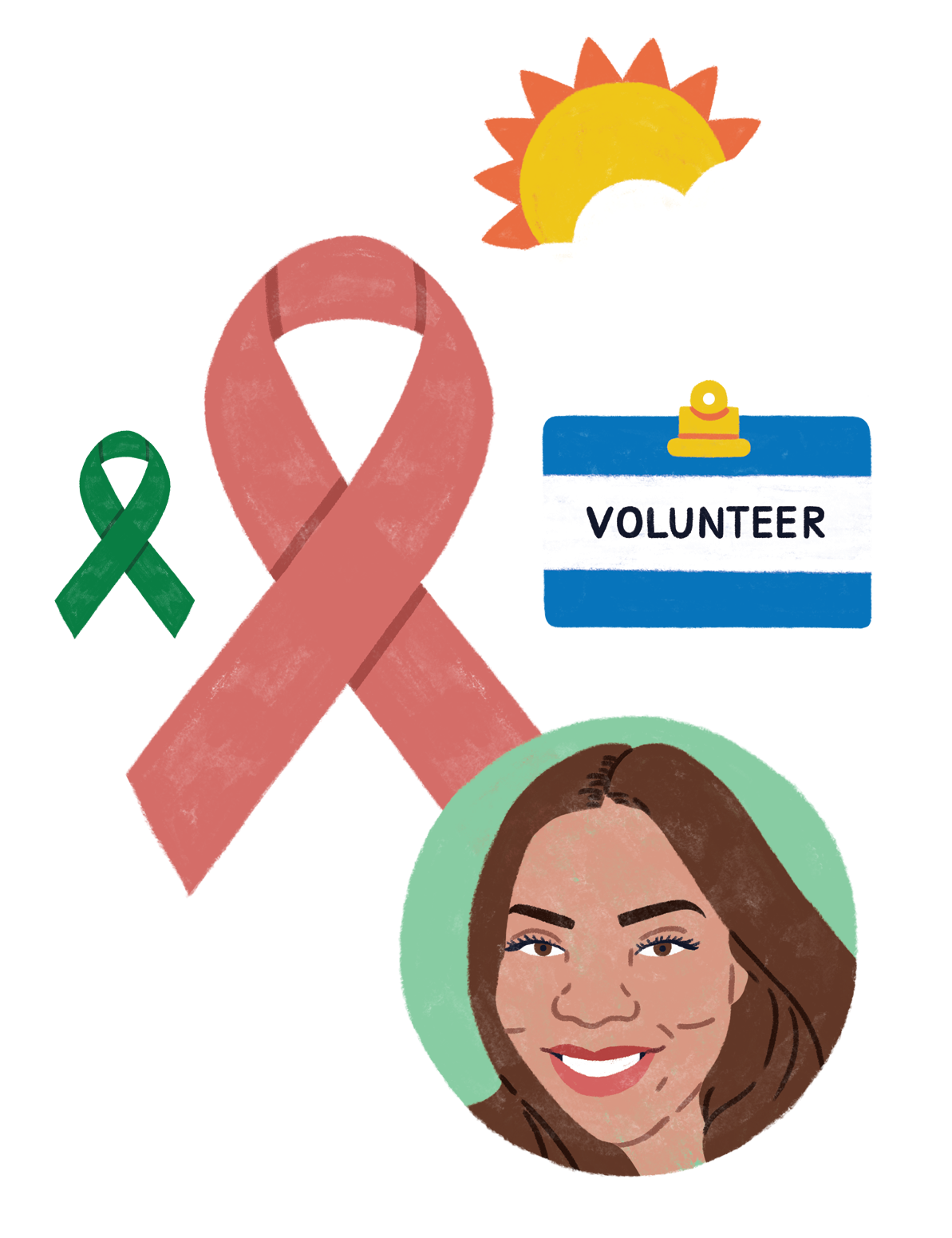 Illustration of Analise Sanchez, a green and pink support banner, a sun over clouded cover icon, and volunteer badge