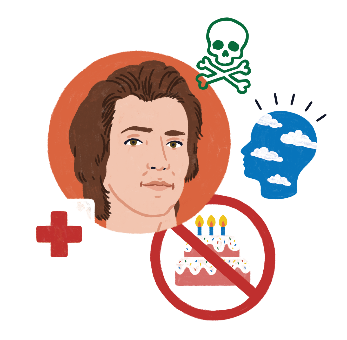 Illustration of Dennis Dowding, surrounded by icons of a medkit, skull and crossbones, a birthday cake, and human head full of clouds