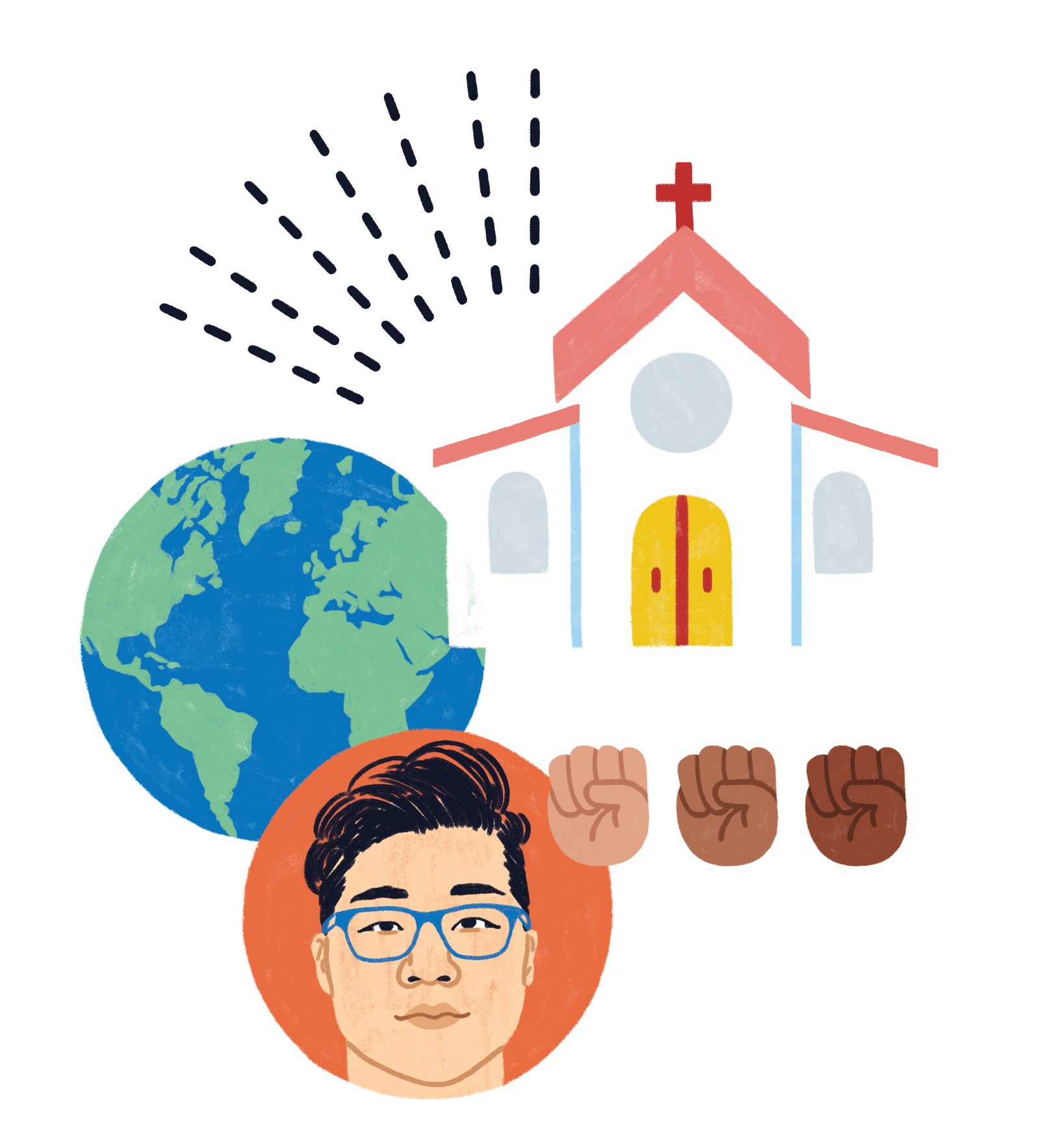 Illustration of Eric Hwang, surrounded icon of a church, raised fists, and a globe