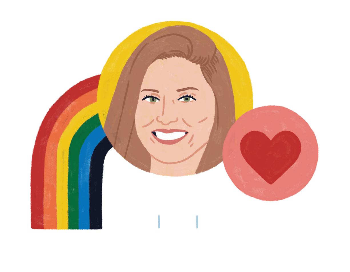 Illustration of Samantha Ceravolo, with rainbow, heart, and people icons