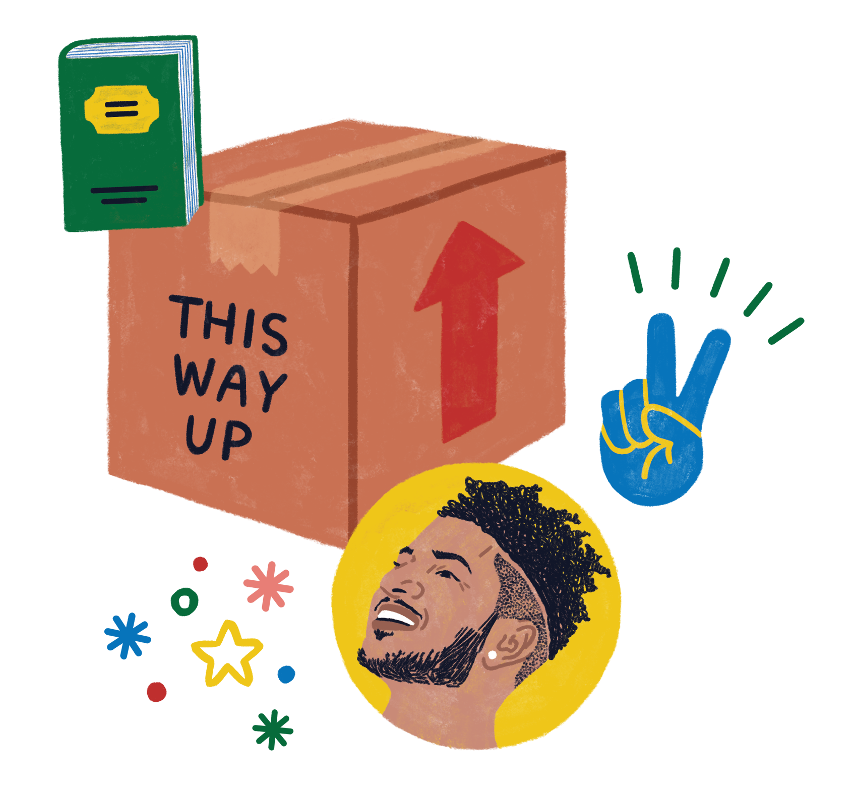 illustration of Horacio Honoret, Hackensack with icons of a book, moving box, sparkles, and a peace sign