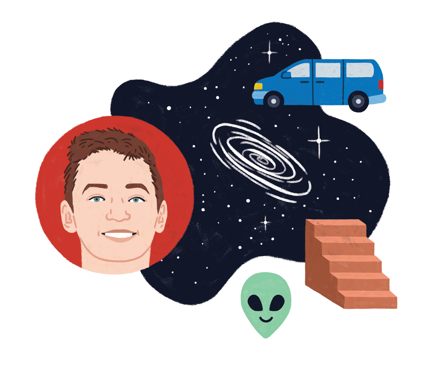 Illustration of Joshua Ellenberg, surrounded by icons of an alien, nebula, a van, and stairs.