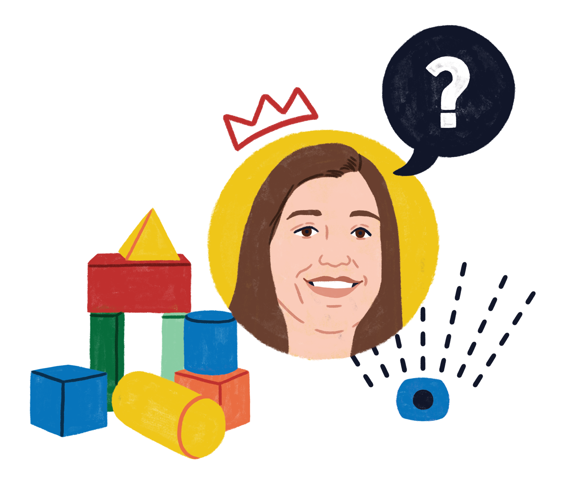 Illustration of Sydney Fournier, surrounded by icons of wooden toy blocks, a crown, and an eye