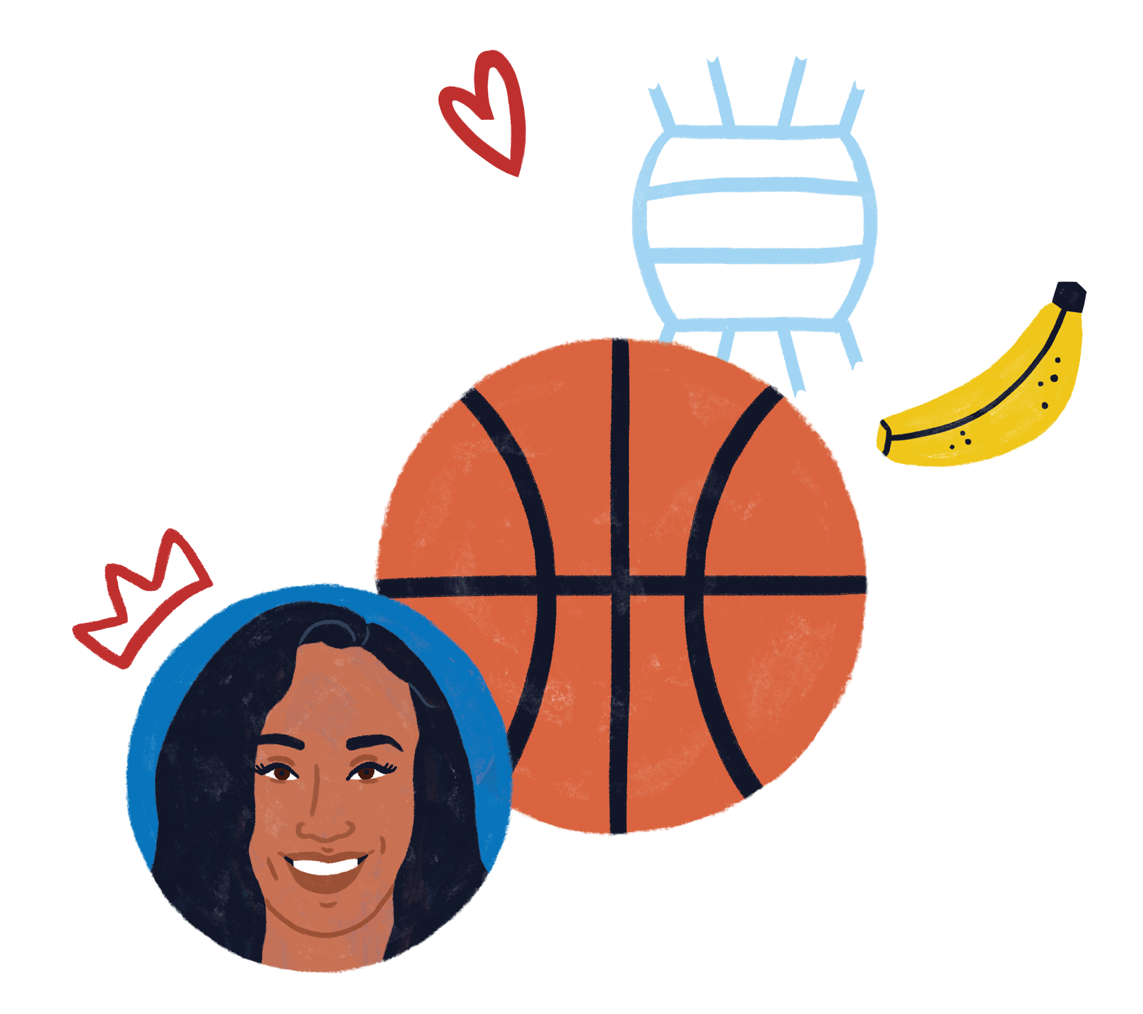 Illustration of Taylor Pannell, with icons of a crown, basketball, banana, and volleyball