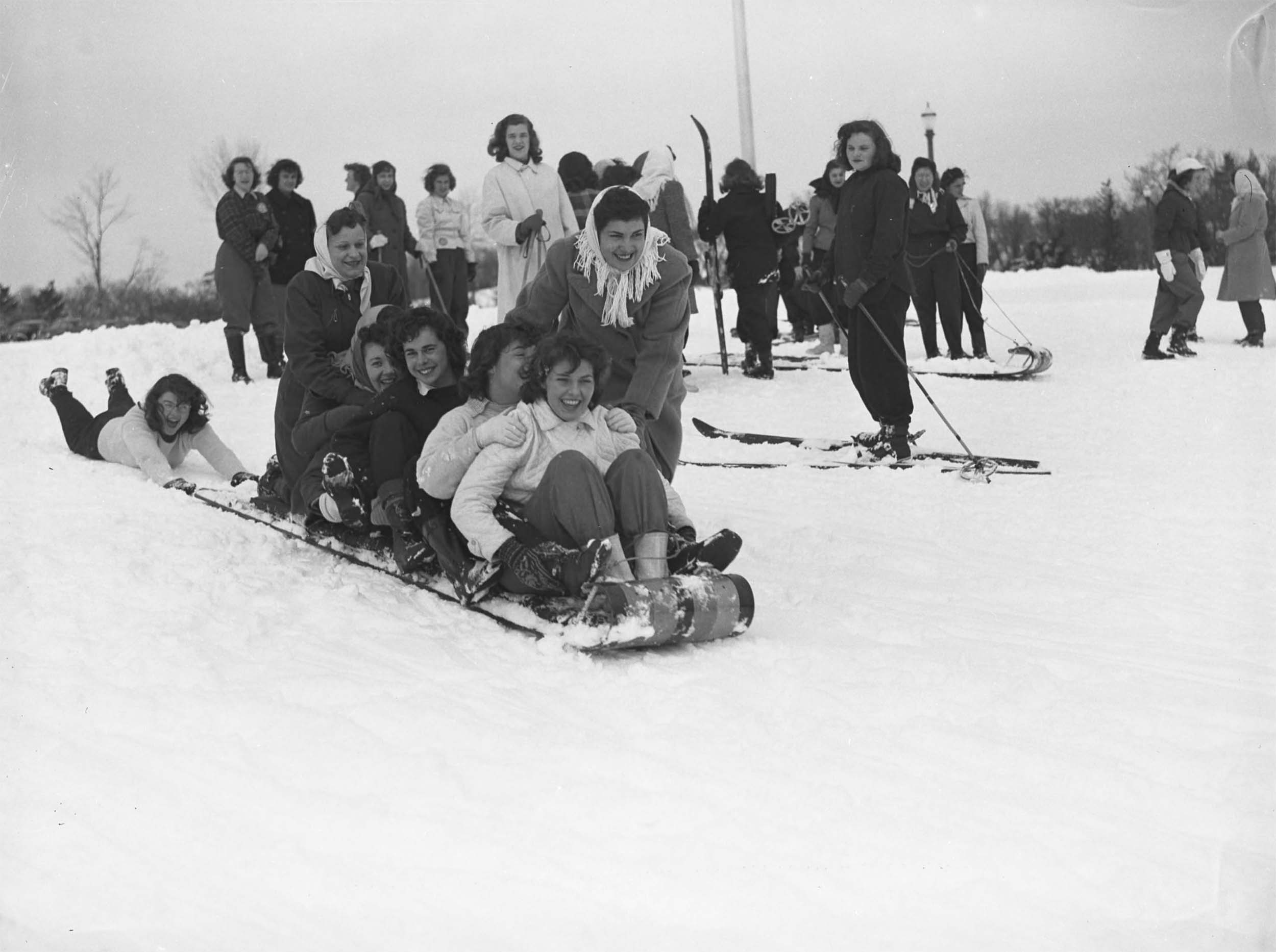Students sled along the Great Lawn in 1944