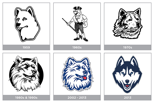 UConn Husky logos circa 1959, 1960, 1970, 1980, 2002, 2013