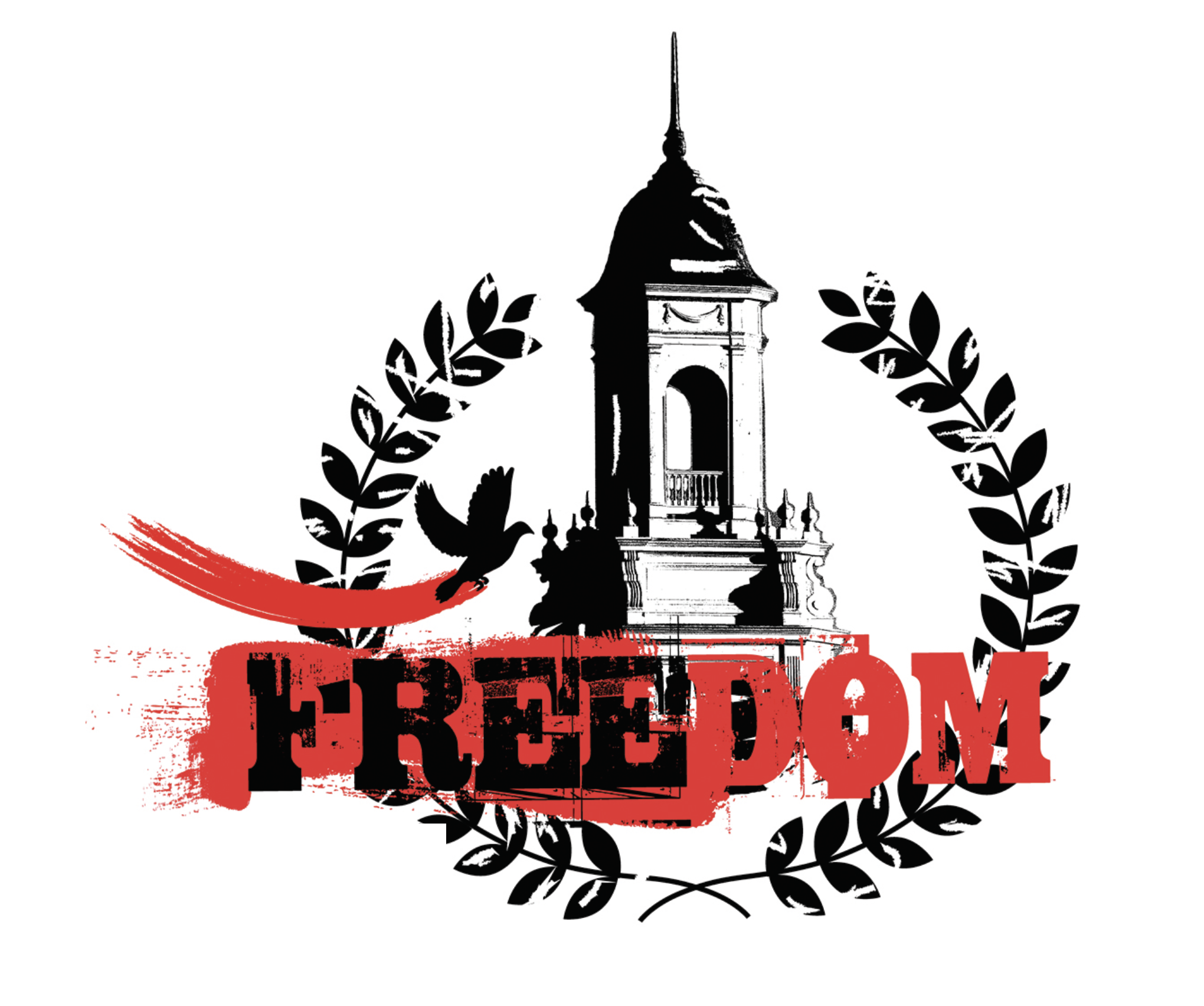 illustration of a dove flying over Wilbur Cross. The words Freedom are painted across