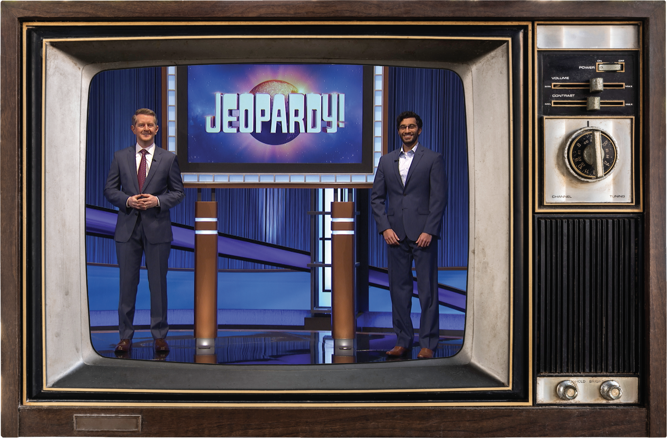 Recent School of Engineering grad Mihir Nene joined the elite club of “Jeopardy!” winners, shown in this photo illustration with a vintage TV screen