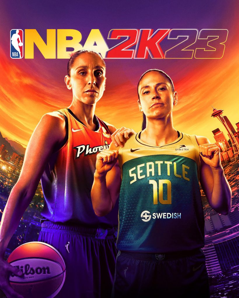 Sue Bird ’02 (CLAS) and Diana Taurasi ’05 (CLAS) pose in an NBA 2K23 cover