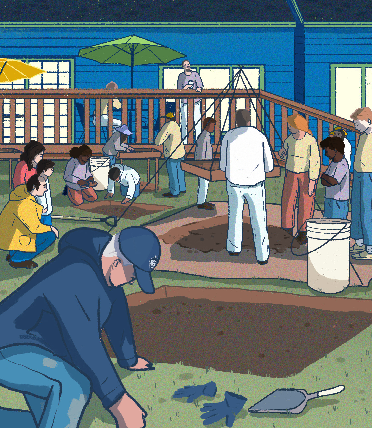 illustration of a dig site behind a non-descript coffee house backyard