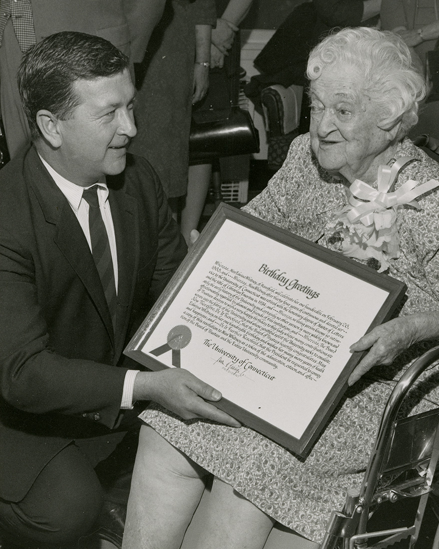 Edwina Whitney on her 100th birthday, February 26, 1968, with UConn President Homer Babbidge