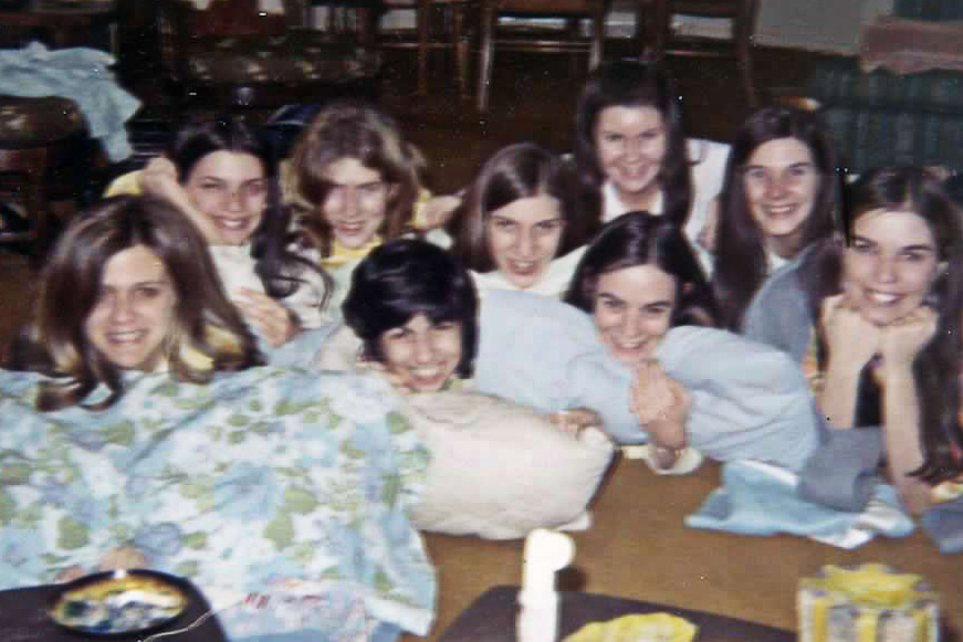The ladies having a slumber party with friends in 1971.