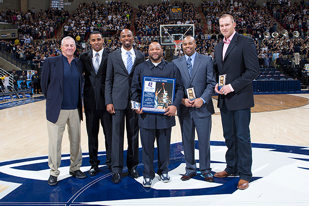 The starting line-up for the team that won UConn’s first men’s basketball national championship during the Huskies of Honor ceremony on Feb. 23, 2014, in Gampel Pavilion