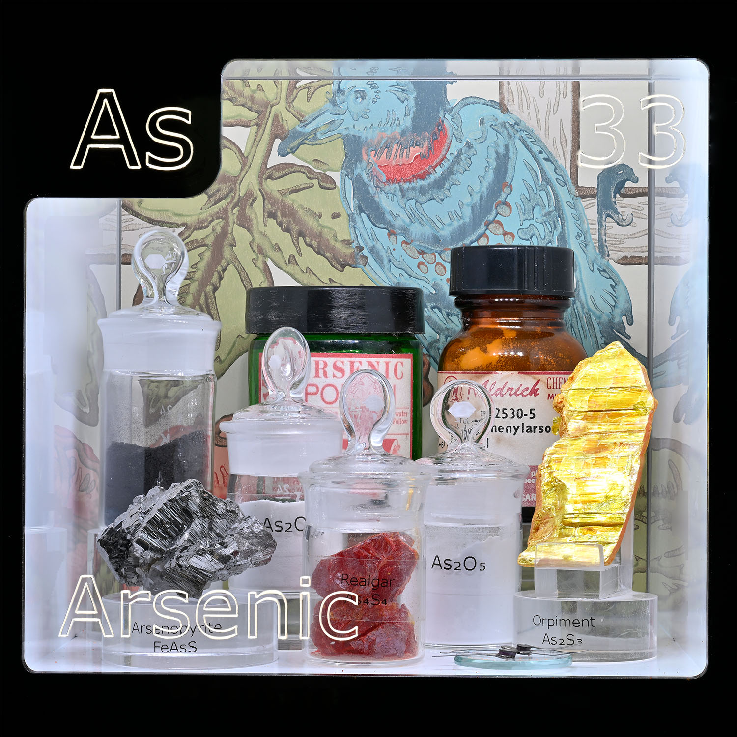 Periodic Table Display - close up of Arsenic and the items that contain that element