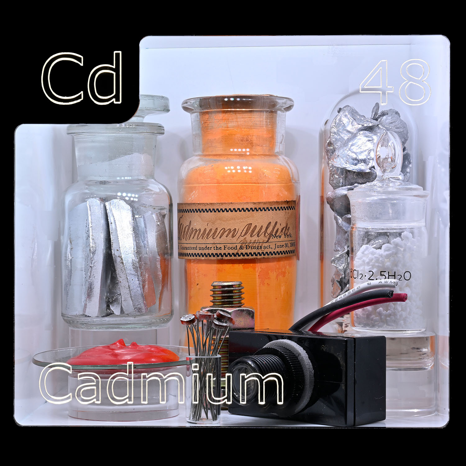 Periodic Table Display - close up Cadmium and the items that contain that element