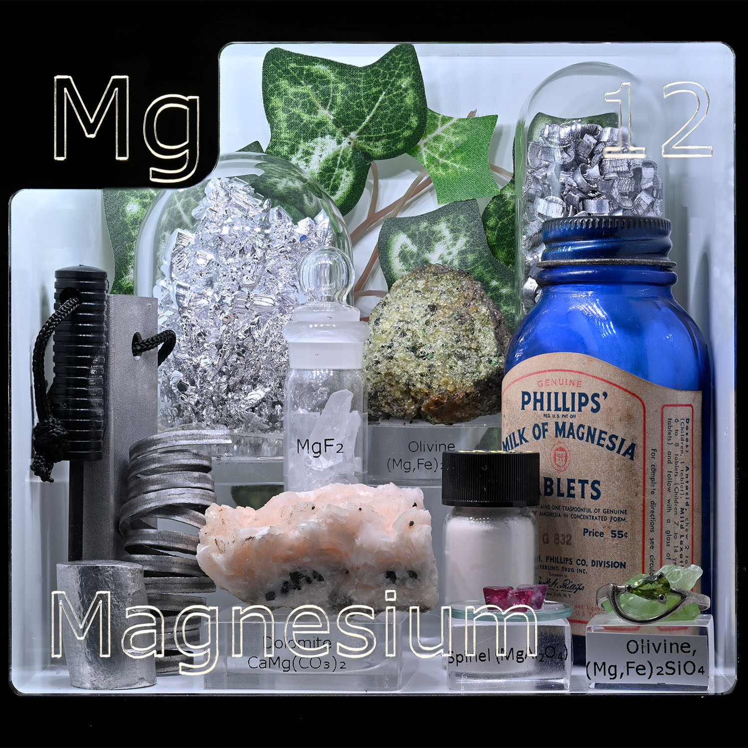 Periodic Table Display - close up of Magnesium and the items that contain that element