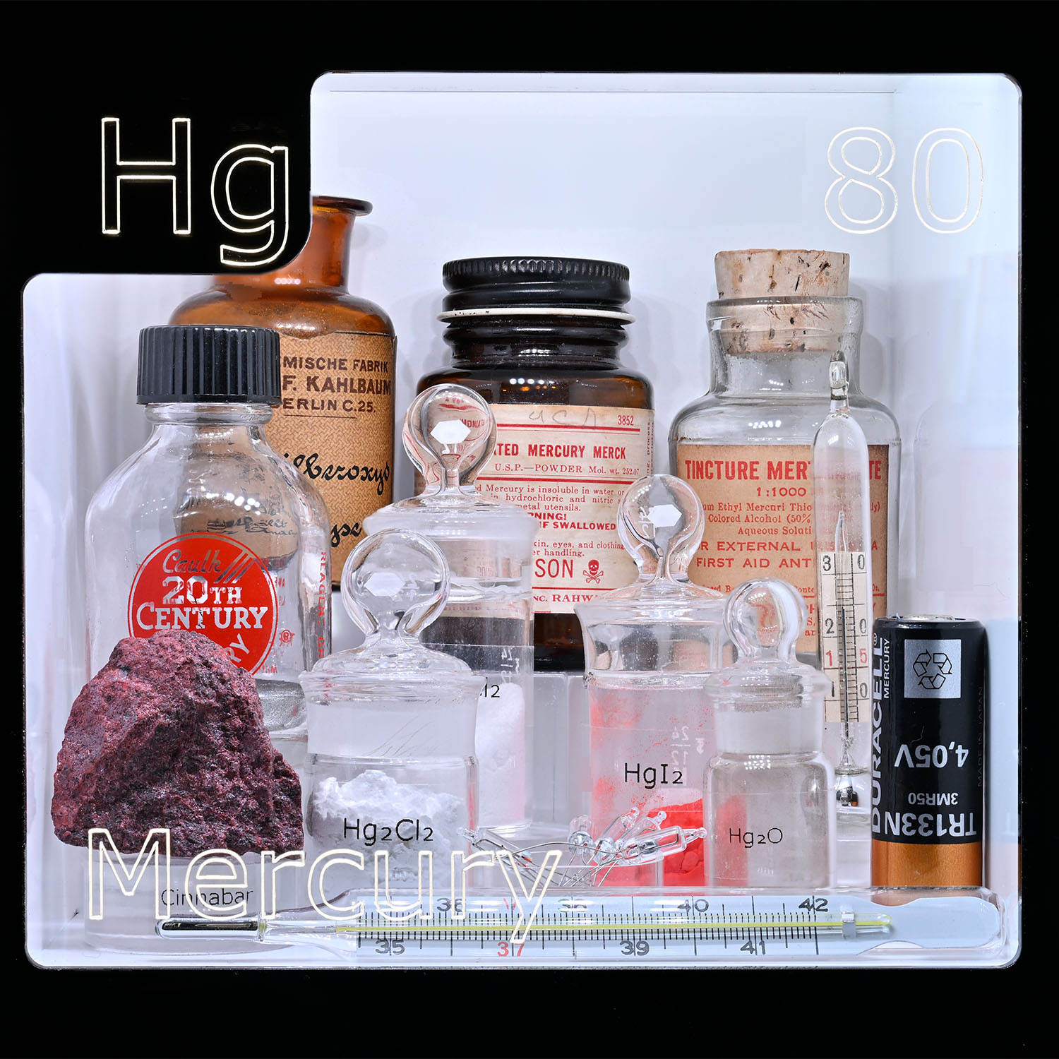 Periodic Table Display - close up of Mercury and the items that contain that element