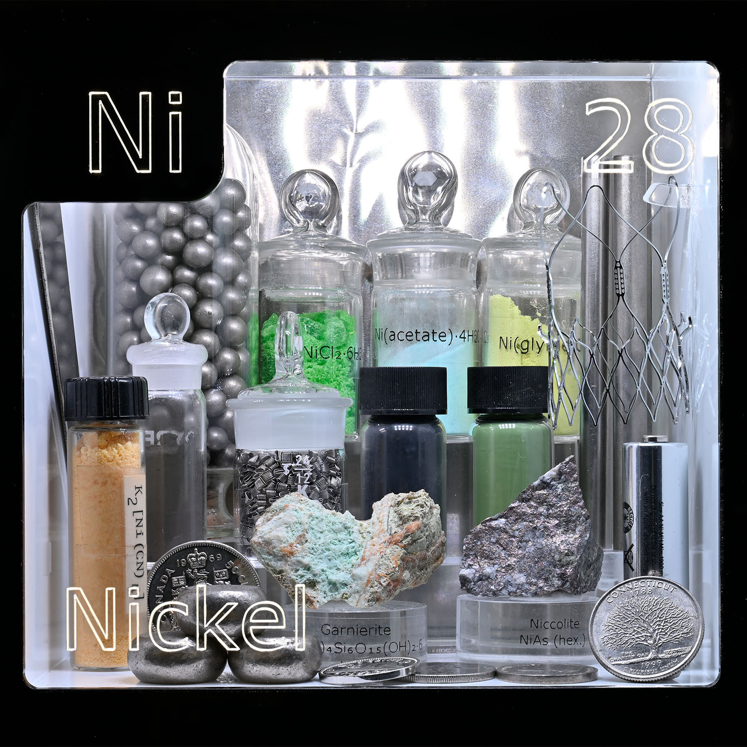 Periodic Table Display - close up of Nickel and the items that contain that element