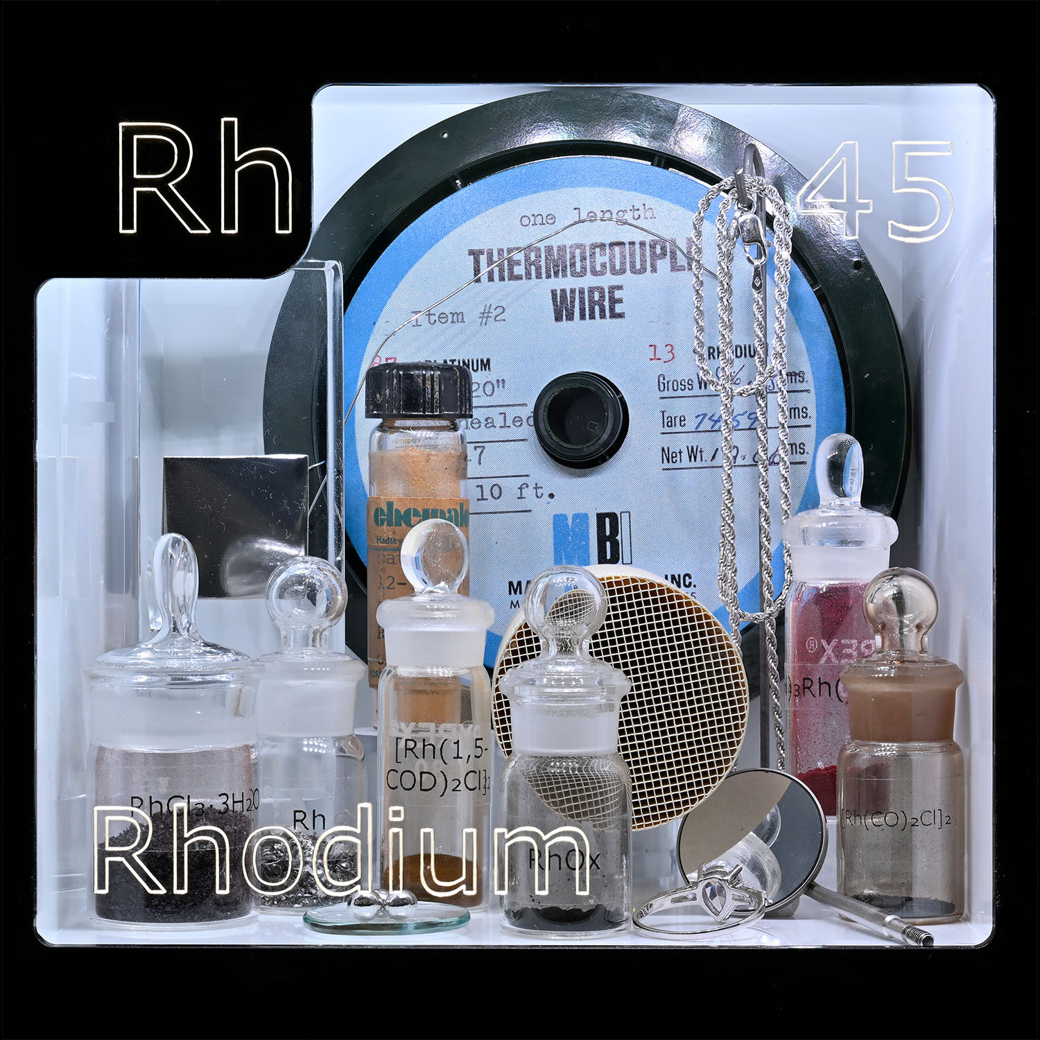 Periodic Table Display - close up of Rhodium and the items that contain that element