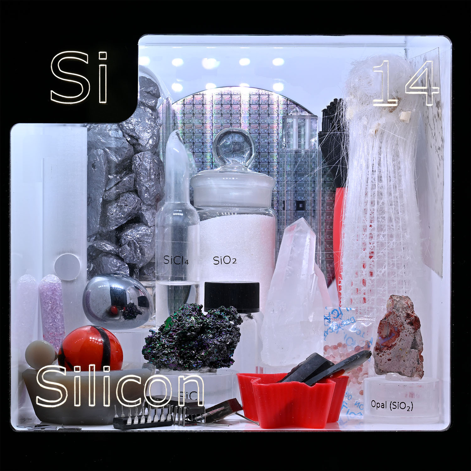 Periodic Table Display - close up of Silicon and the items that contain that element