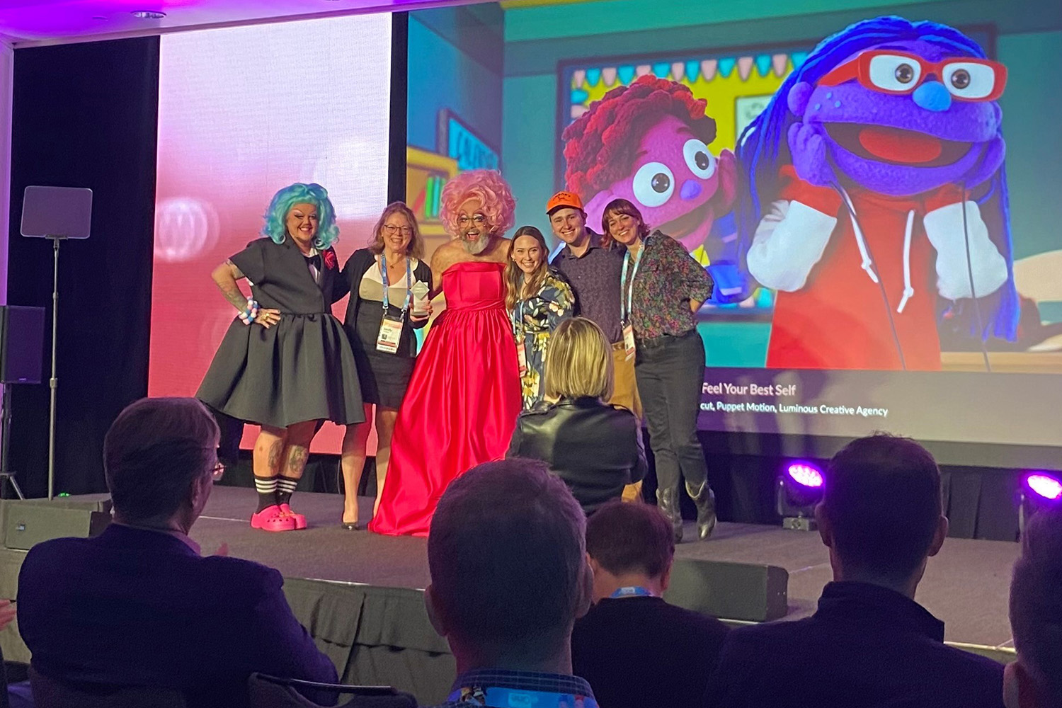 Team members from UConn’s Feel Your Best Self project upon winning the “Best Web/App Series — Original” category at the Kidscreen Awards in Miami in February.