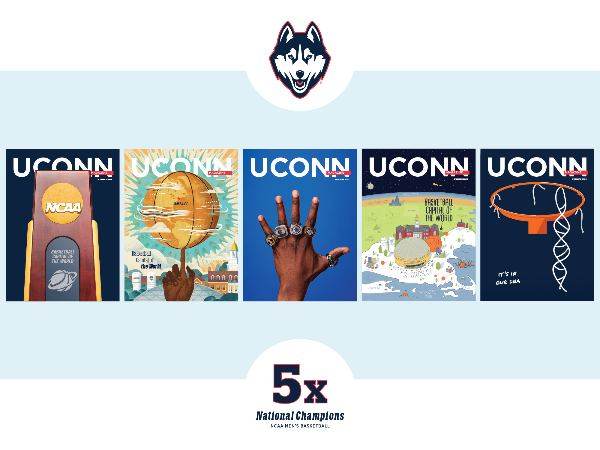 Printable Poster featuring 5 specialty covers celebrating the 5th championship win out of UConn Men's Basketball