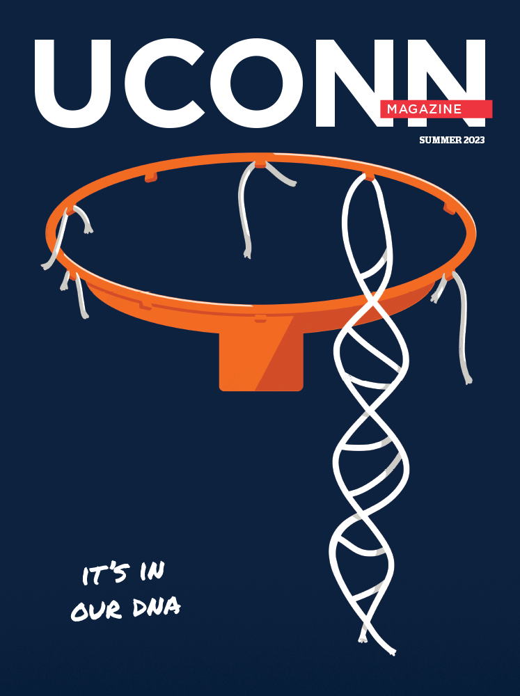 UConn Magazine cover featuring an illustration of a cut net, with the strings of the net forming a DNA sequence. In the bottom left corner it reads "It's in our DNA".