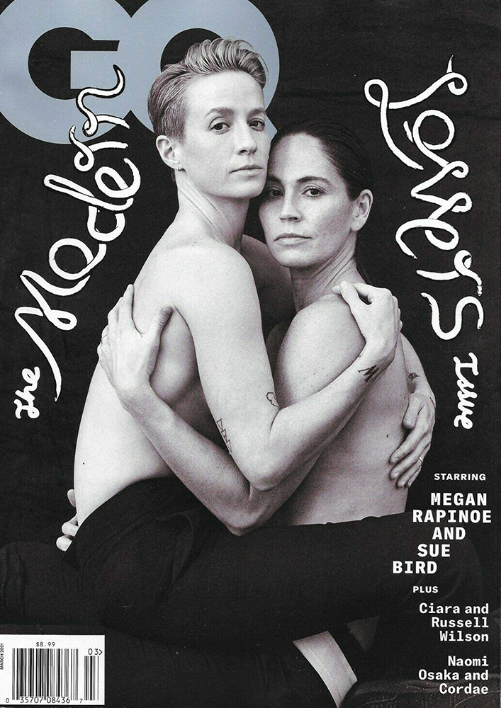 GQ magazine cover featuring artsy photo of Megan Rapinoe and Sue Bird