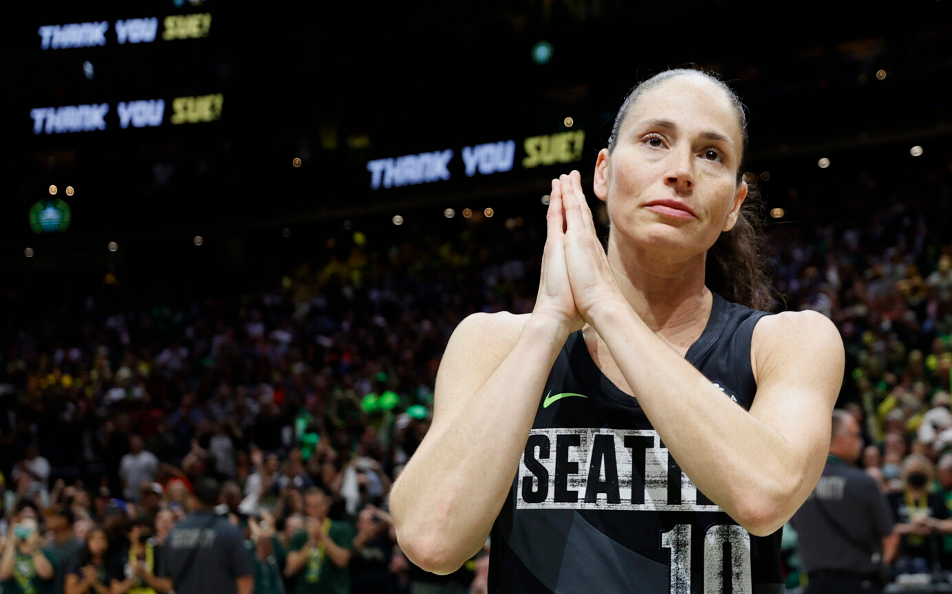 SEATTLE, WASHINGTON - SEPTEMBER 06: Sue Bird #10 of the Seattle Storm reacts after losing to the Las Vegas Aces 97-92 in her final game of her career during Game Four of the 2022 WNBA Playoffs semifinals at Climate Pledge Arena on September 06, 2022 in Seattle, Washington.