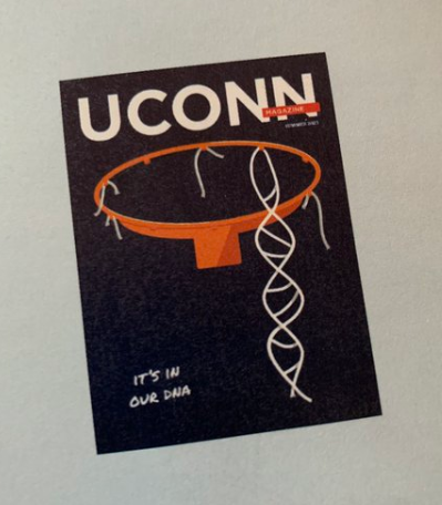 One of five covers of the uconn magazine Summer Issue 2023. This one features a DNA strand off a basketball hoop