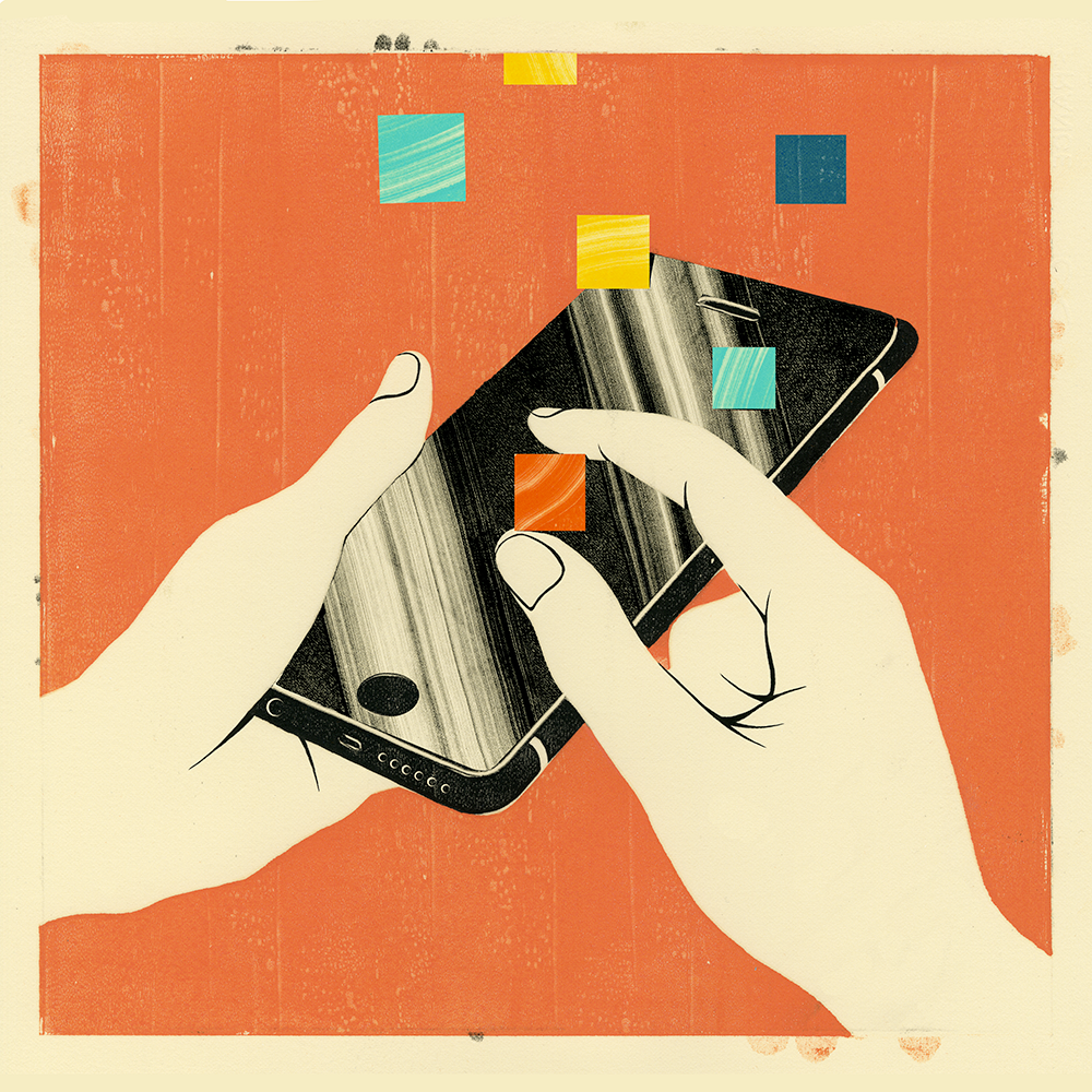 Illustration of hands interacting with abstract shapes emerging from a celllphone