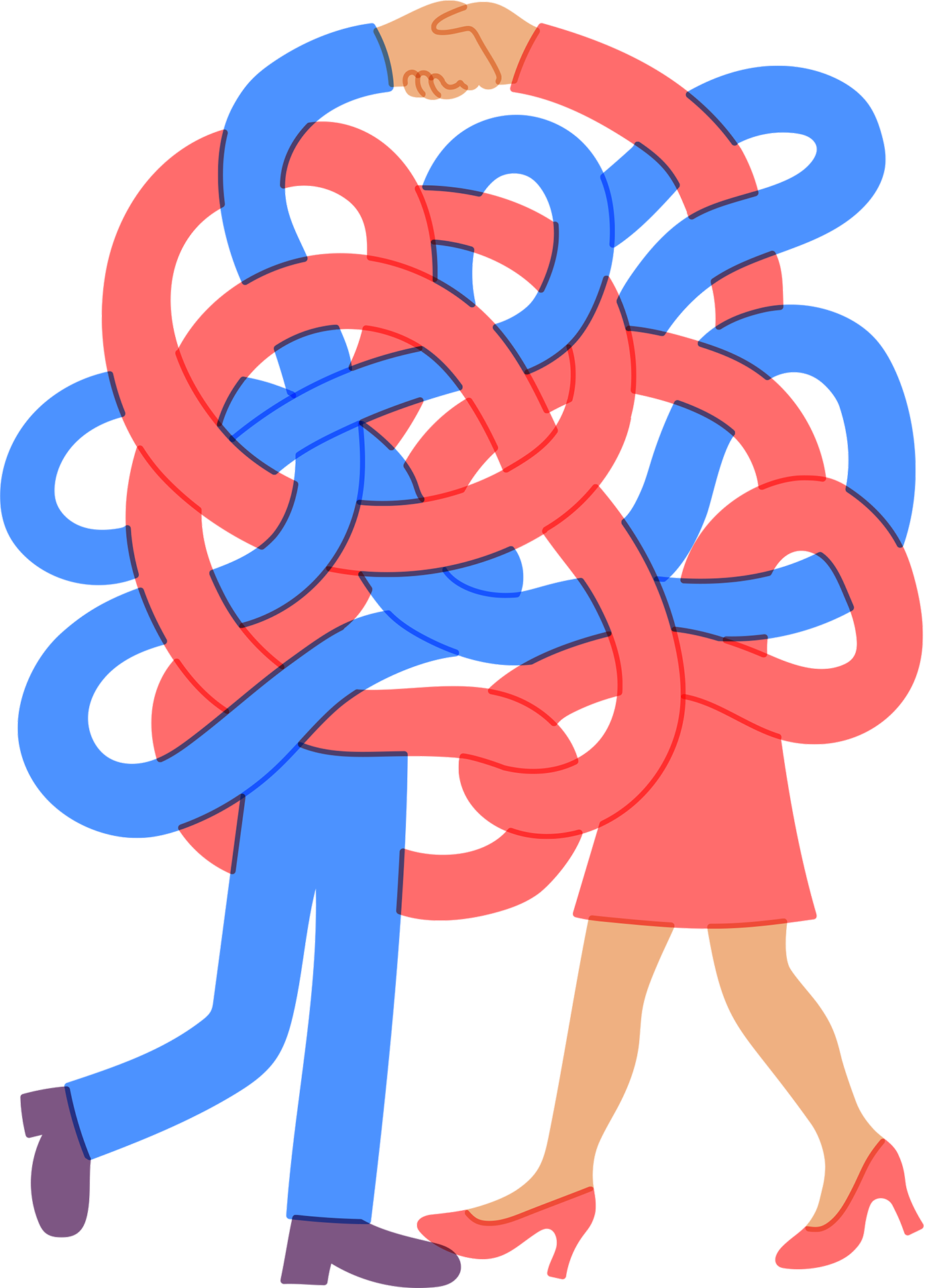 illustration of a couple paired in blues and reds with tangled limbs tussling cartoonishly. At top center, hands clasps together in a handshaking gesture.