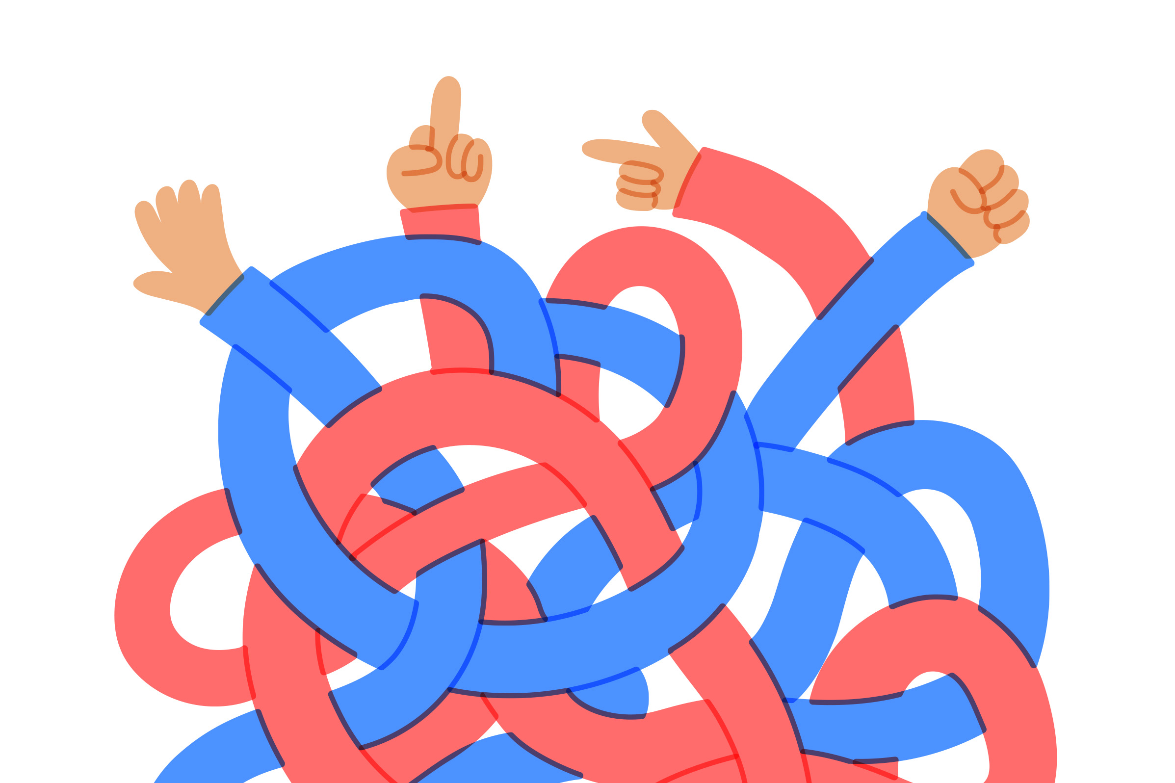 illustration of tangled limbs tussling cartoonishly. One, at center, raises up the middle finger as an obscene gesture.
